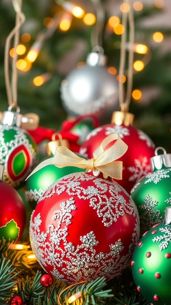 Colorful DIY Christmas ornament balls in various designs displayed with fairy lights.